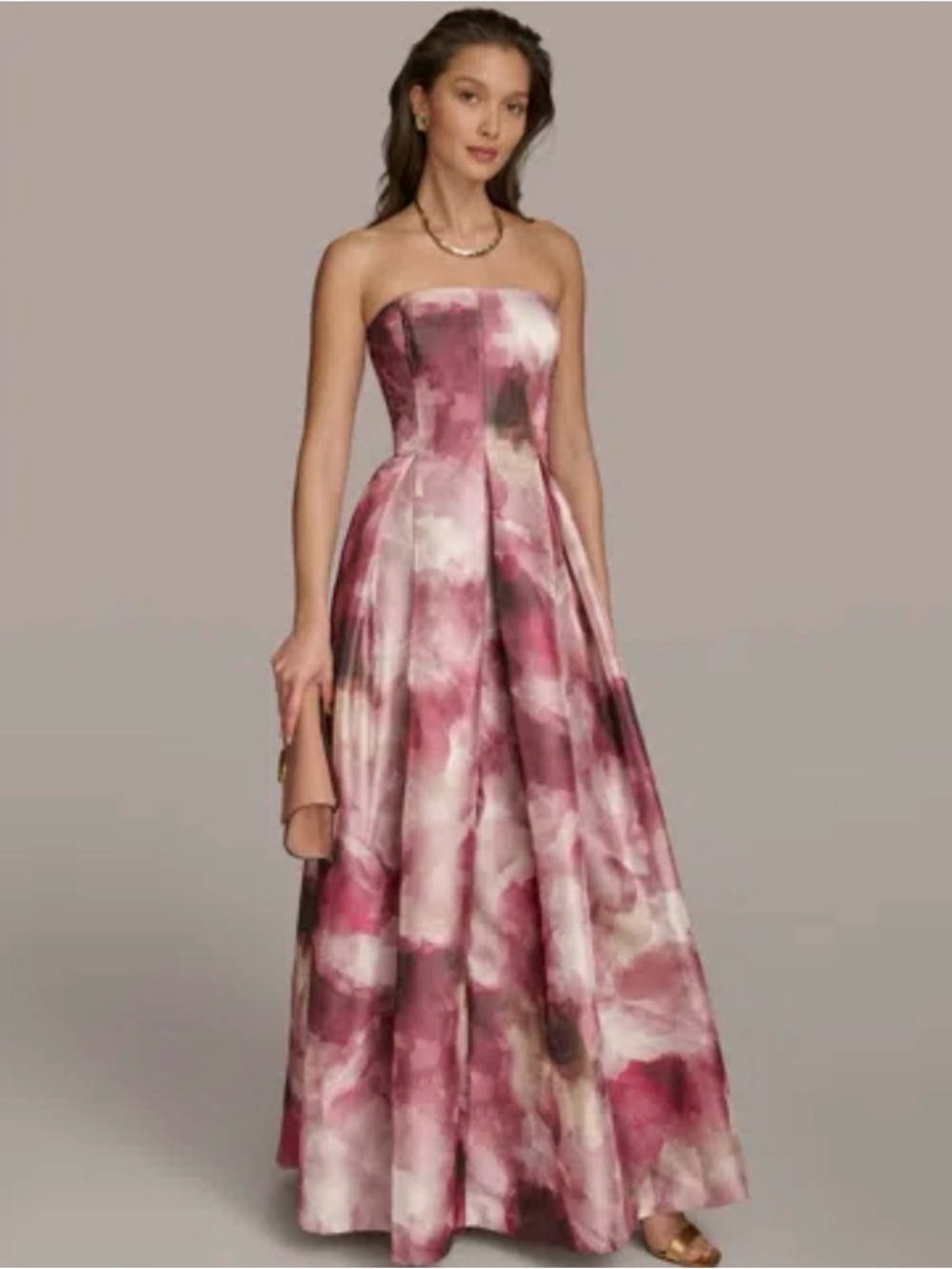 Donna Karan Strapless Pink Floral Satin Dress -perfect for wedding!